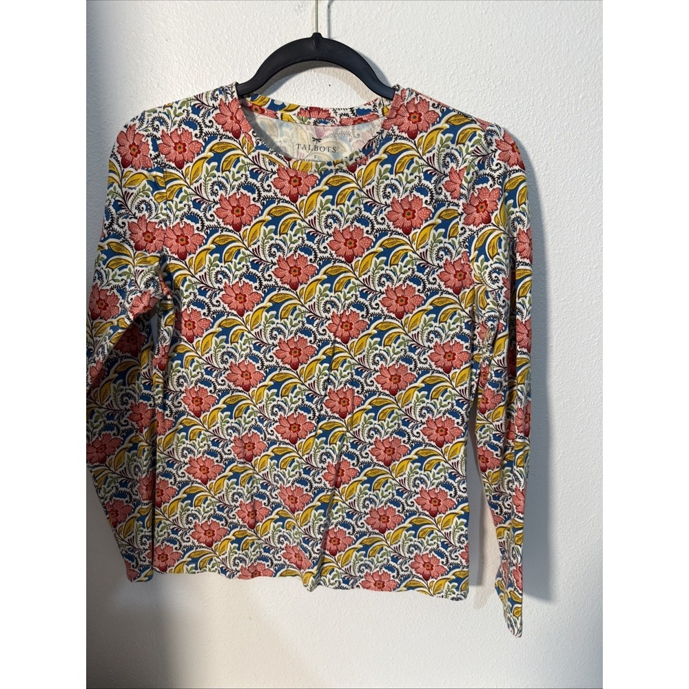 Talbots Womens Sm Cotton Long Sleeve Crew Neck Tee Floral D2